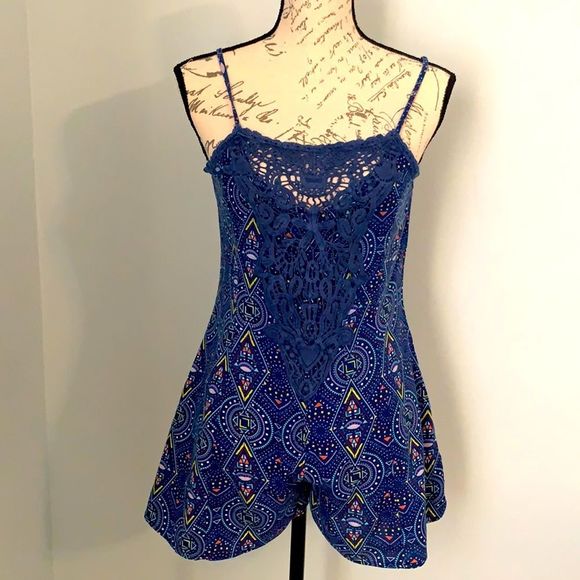 Romper | blue and Geo multi color and embroidery lines | size small - Picture 1 of 5
